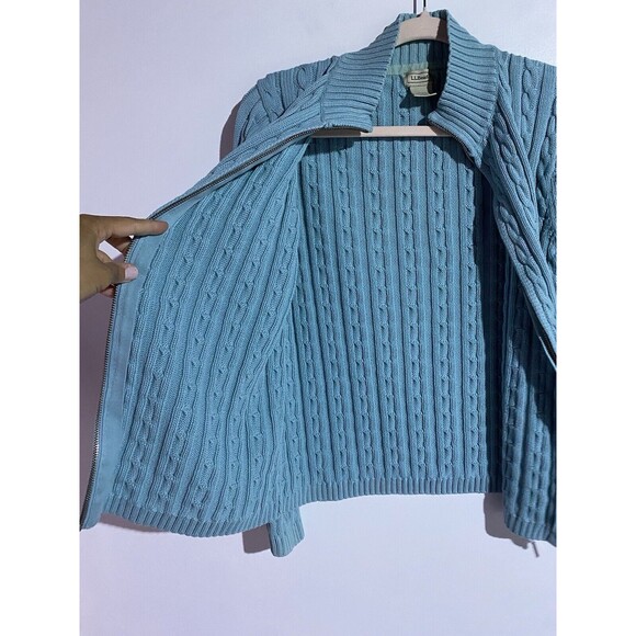 LL Bean Cardigan Sweater Womens L Blue Cable Knit Warm Preppy Outdoor Full Zip - Picture 9 of 15